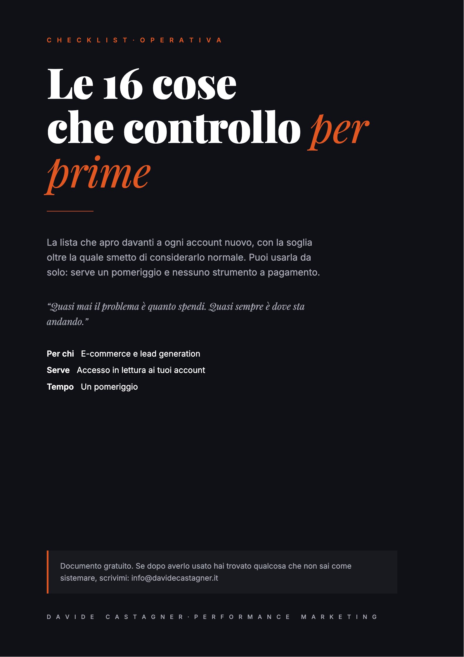 Copertina della checklist: Le 16 cose che controllo per prime.